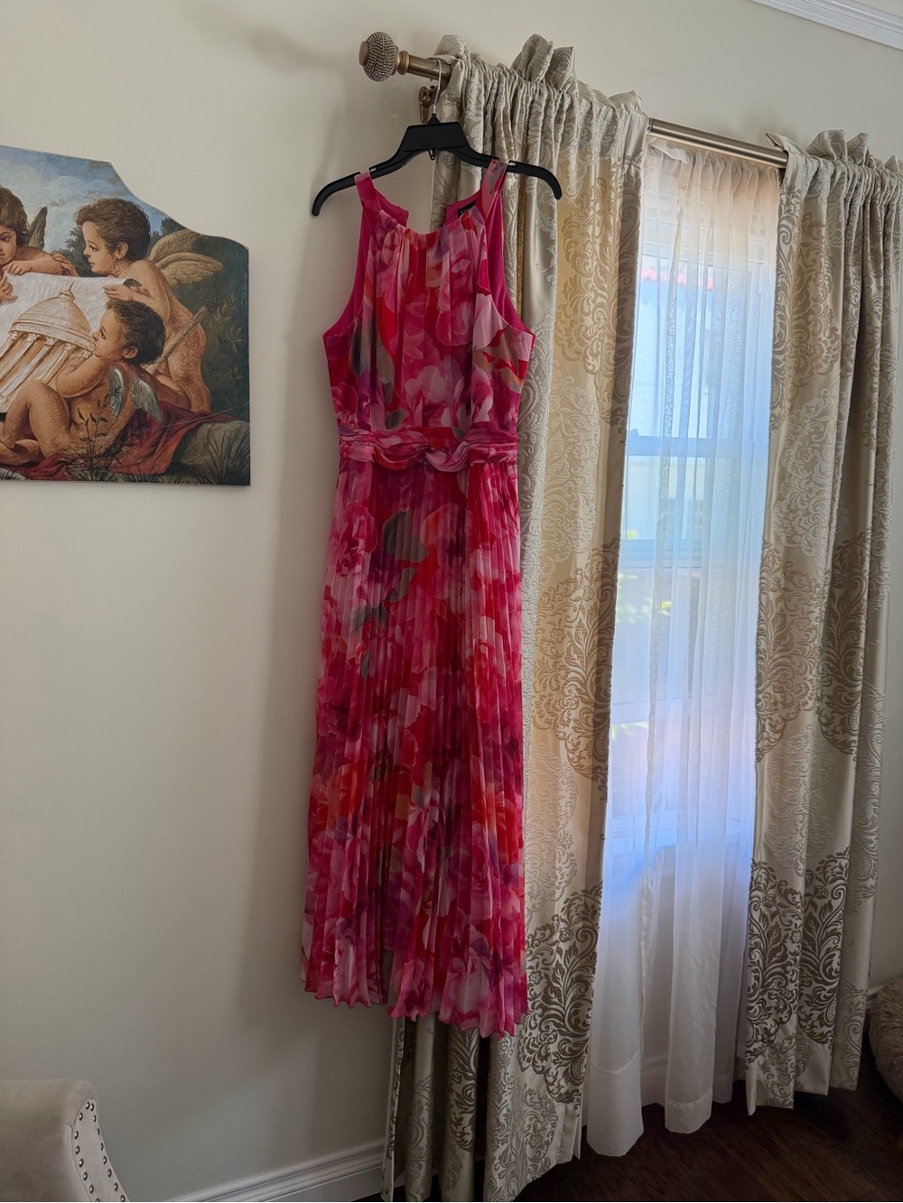 Xscape Fuchsia Floral Pleated Maxi Dress